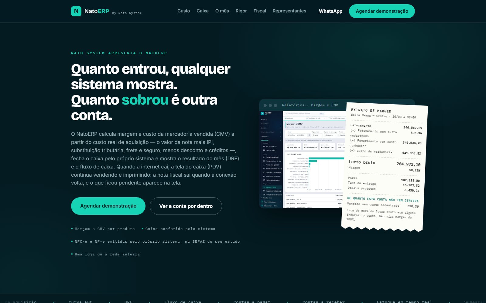 Prévia da versão 1: página escura, em azul-petróleo, com o título sobre um relatório de margem