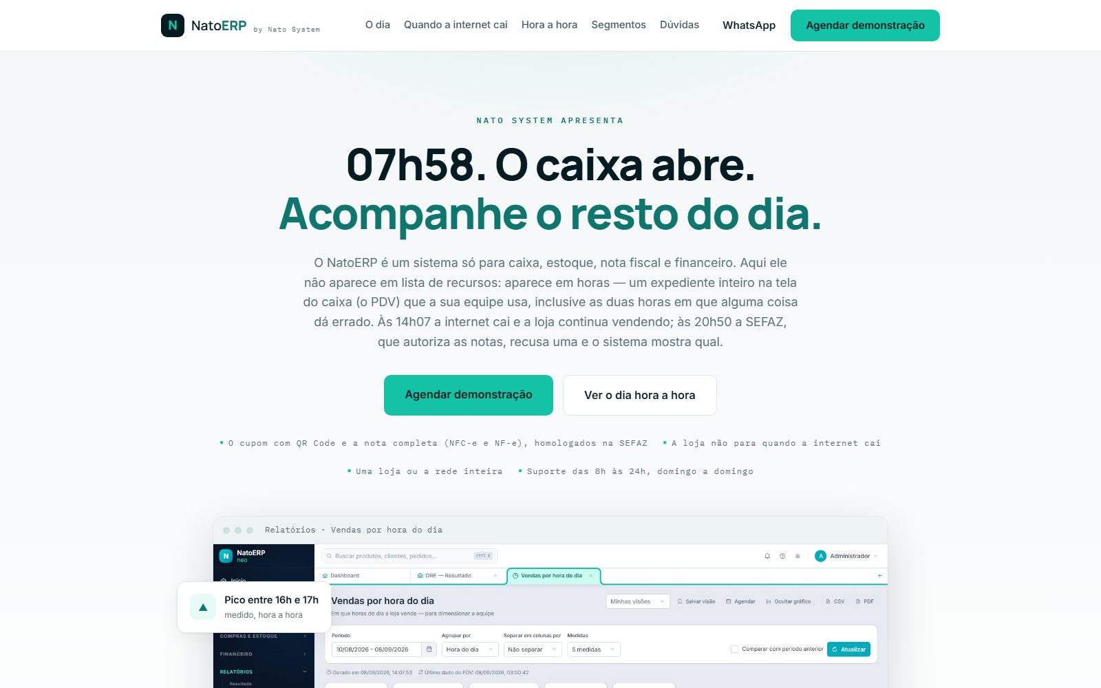 Prévia da versão 2: página clara, com a paleta do próprio NatoERP e telas do sistema em cartões brancos