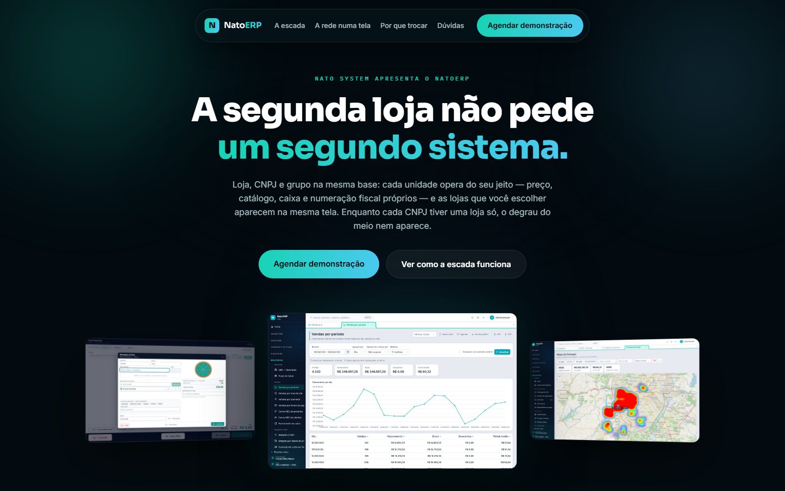 Prévia da versão 3: página escura com auroras de gradiente, cartões de vidro e três telas em perspectiva
